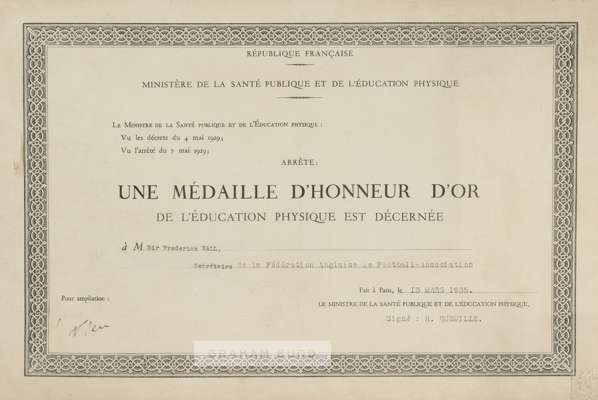 French Government diploma awarded to the Arsenal FC Director and former long-standing Football Association Secretary Sir Frederick Wall for services t