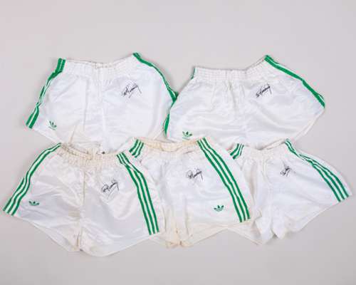 Pat Jennings five pairs of white and green autographed Northern Ireland worn shorts