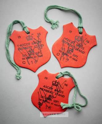 A trio of Frankie Dettori signed Ascot Racecourse Members' Stand badges for 'Magnificent Seven' Day Saturday 28th September 1996,
 consecutively issue