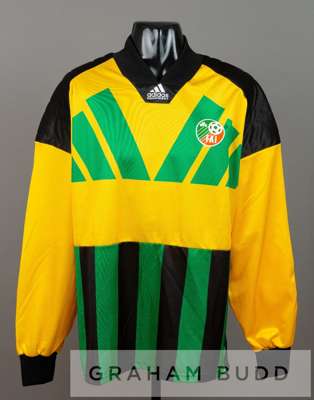 Packie Bonner yellow, green and black Republic of Ireland no.1 goalkeeper's jersey v Denmark in Copenhagen, 14th October 1992 the FIFA World Cup quali