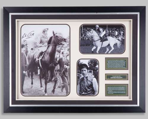 Lester Piggott signed framed photo montage