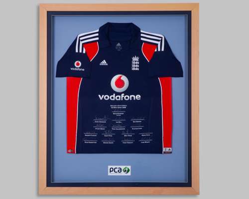 Blue and red England v. South Africa NatWest Series 2008 autographed cricket shirt display