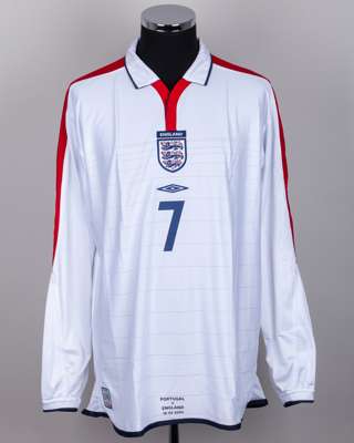 David Beckham white No.7 England v. Portugal match issued long-sleeved shirt, 2004