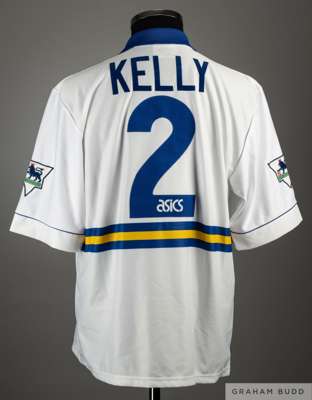 Gary Kelly white and blue No.2 Leeds United match worn short-sleeved shirt, 1993-94, 
 Asics, L, with button-up collar and embroidered cloth badge ins