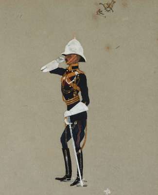Style of Snaffles [Charles Johnson Payne] PORTRAIT OF AN ARMY OFFICER watercolour and gouache on paper, with a vignette of a polo player dismounted fr
