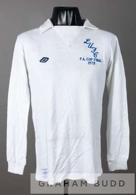 A trainer's unnumbered spare white Leeds United jersey for the 1973 FA Cup final,
 by Umbro, long-sleeved embroidered LUFC CUP FINAL 1973 and UMBRO lo