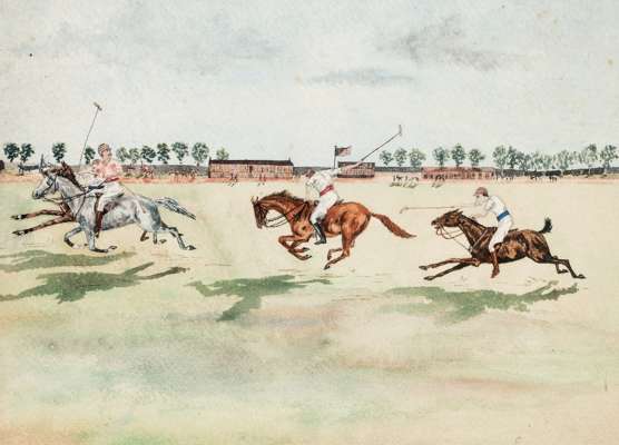 Watercolour of a Polo match in Colonial India, signed with initials A.S.B., mounted, framed & glazed, overall 45 by 54cm.  In the background a polo cl