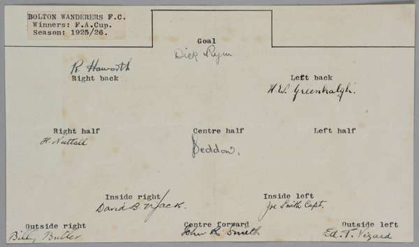 Bolton Wanderers 1925-26 F.A. Cup winners rare original autographed fold-over card size 8 3/4 by 5in. with typed team grid to the open interior, fully