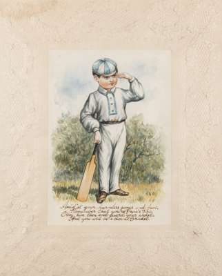 Victorian watercolour of a boy cricketer, dated 1867,
 featuring a boy cricketer holding his bat with raised hand to cap, above a four line verse "Ami