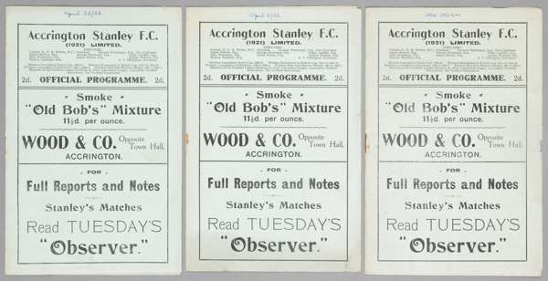 Three Accrington Stanley home programmes from their first season in the Football League (Division Three North) 1921-22,
 v Stockport County, Grimsby T