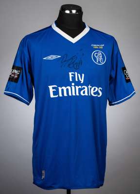 Damian Duff signed blue and white Chelsea no.11 jersey v Liverpool in the Carling Cup Final at Millennium Stadium, 27th February 2005,
 Umbro, short-s