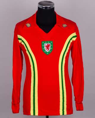 A red, yellow and green No.13 Wales Youth v. England Youth long-sleeved shirt, 1977