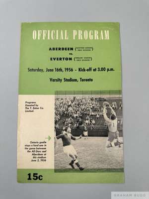 Exceptionally rare programme for match between Aberdeen v Everton, played at Varsity Stadium, Toronto, 16th June 1956, 
 8-page edition with profiles 