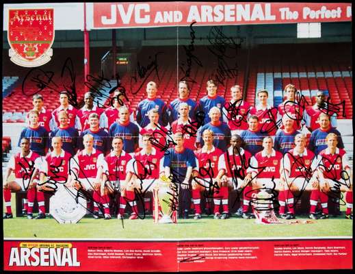 Arsenal poster signed by the 1997-98 Arsenal double-winning team, the team-group photo taken before the start of the following season, signed by Wenge