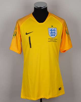 Jordan Pickford yellow and green No.1 England v. USA short-sleeved shirt, 2018