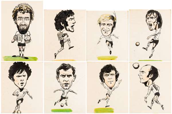 Group of eight Paul Trevillion Tottenham Hotspur player artworks commissioned for Martin Chivers' public house in Brookman's Park, 
 each individual i