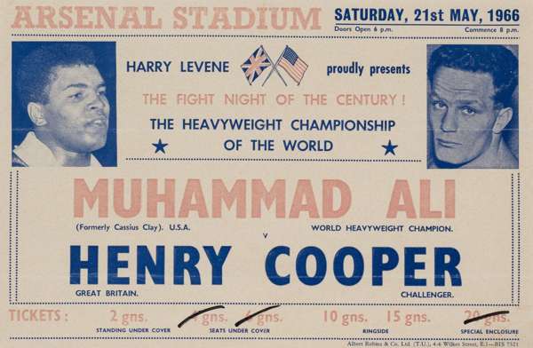 Original Arsenal Football Club advertisement flyer for the Muhammad Ali v Henry Cooper fight 21st May 1966,
 with annotations suggesting the advertise