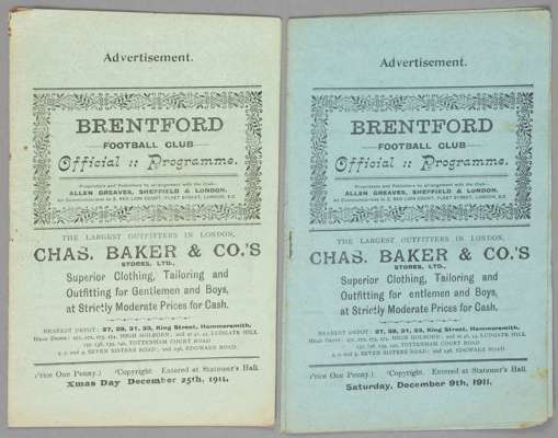 Two Brentford home programmes season 1911-12,
 Southern F.L. Division One fixtures v Leyton 9th December and Southampton 25th December, (2), discolour