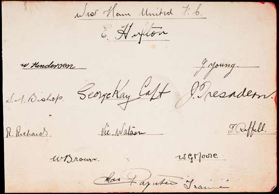 The autographs of the West Ham United team who played in the first F.A. Cup Final at Wembley in 1923, on an album page, the players have signed in ink
