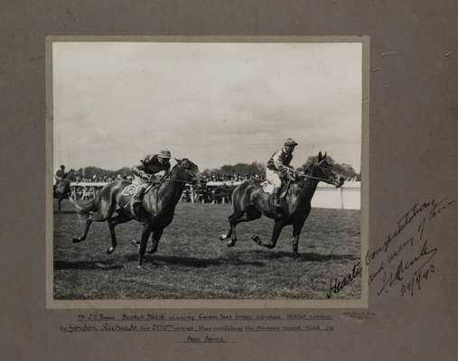 A signed presentation photograph from racehorse owner Mr J V Rank to jockey Gordon Richards on the occasion of him riding his 2,750th winner on 26th A