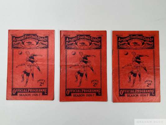 Three Arsenal home match programmes, season 1926-27,
 comprising, Sunderland November 20th 1926 and Everton March 19th 1927 and Birmingham April 30th 