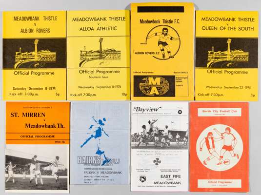 Selection Meadowbank Thistle first season 1974-75,
 possibly full set of League homes with some Cup matches (21), aways (13); season 1975-76 possibly 