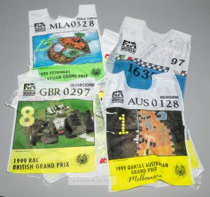 Collection of F1 Grand Prix marshals' tabards dating from 1997 to 1999,
 comprising GP Europe 1999; Italian 1997 (2), '98, '99; Spanish 1998 (2), '99;