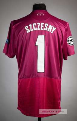 Wojciech Szczesny pink Arsenal UEFA Champions League no.1 goalkeeper's jersey, season 2012-13,
 Nike, short-sleeved with UEFA STARBALL and RESPECT sle