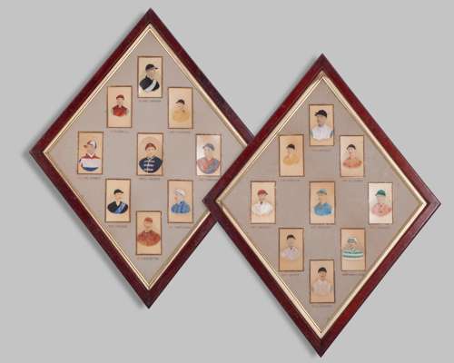 Pair of framed displays containing overpainted photographs of Victorian jockeys