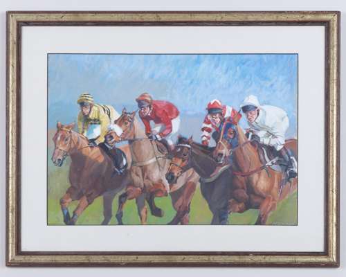 A gouache painting of a horse race