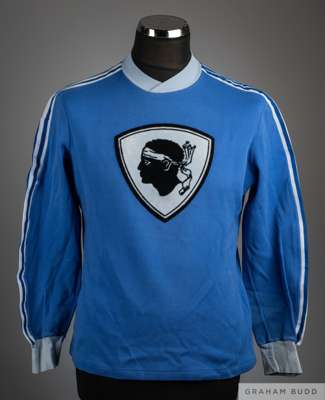Blue No.6 SC Bastia long sleeved shirt, circa 1970s
 Adidas, no size specified, crew neck with large central badge and remains of Adidas logo on front