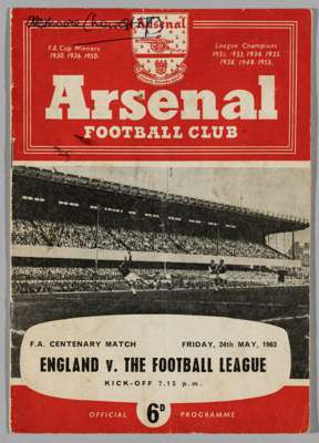 Fully signed FA Centenary match England v The Football League official programme, played at Arsenals ground on 24th May 1963, 
 16-page programme, sig