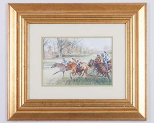 Watercolour over traces of pencil depicting a horse race in full tilt