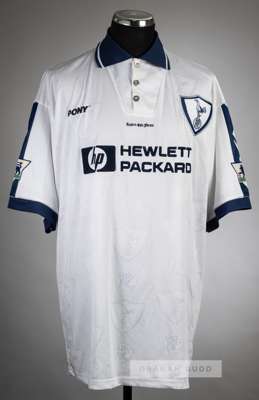 Darren Anderton signed white Tottenham Hotspur no.9 home jersey, season 1995-96,
 Pony, short-sleeved with THE FA PREMIER LEAGUE sleeve badges, club c