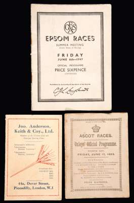 Three racecards, comprising Fourth Day of Royal Ascot in 1892 (Wokingham, Hardwicke, Windsor Castle etc.); Friday of the 1947 Derby meeting at Epsom f