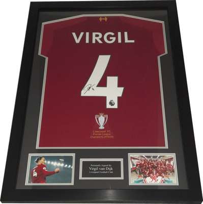 Virgil Van Dijk Liverpool central defender signed & framed 2019 Premier League winners commemorative jersey,
 with certificate of authenticity & photo