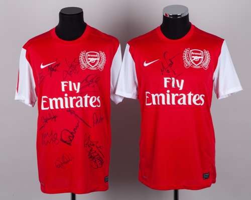 Two red and white Arsenal autographed short-sleeved shirts