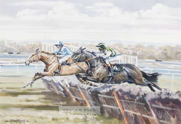 A watercolour by David Trundley portraying the Stan Mellor-trained Charlie Muddle winning over hurdles at Kempton Park, 13th March 1982,
 with Tim Tho