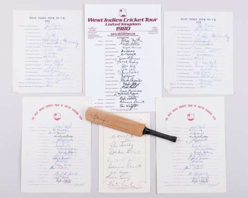 Five West Indies autographed United Kingdom touring cricket team sheets