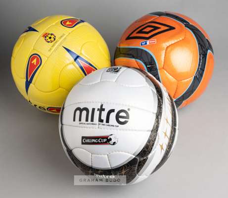 Three official match balls,
 comprising two Mitre official Nationwide EFL footballs, a yellow, navy and red ball with OFFICIAL MATCHBALL OF THE NATION