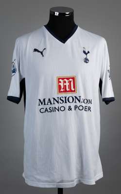 Robbie Keane white and blue No.10 Tottenham Hotspur short-sleeved jersey, 2008-09, 
 Puma, L, with v-neck collar and embroidered cloth badge, the reve