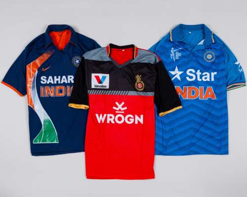 Blue India autographed cricket cap and five India replica autographed cricket shirts