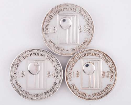 Dickie Bird three white-metal Cornhill Insurance England Test Series medals, 1992-94