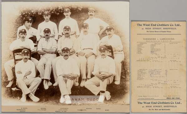 CRICKET - Yorkshire CCC 1900 original photograph,
 sold with original matchday scorecard for the Yorkshire v Lancashire 1905 Roses match played at Bra