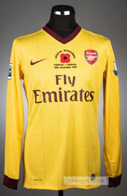 Samir Nasri yellow and claret Arsenal Poppy no.8 away jersey v Everton at Goodison Park, 14th November 2010,
 Nike, long-sleeved with BARCLAYS PREMIER