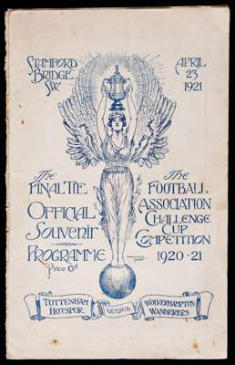 F.A. Cup Final programme Tottenham Hotspur v Wolverhampton Wanderers played at Stamford Bridge 23rd April 1921, staples removed, fair condition