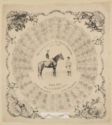 The Centenary of the Grand National 1837-1937 scarf, featuring racehorse Royal Mail with owner Hugh Lloyd Thomas, 
 the scarf listing the names of eac