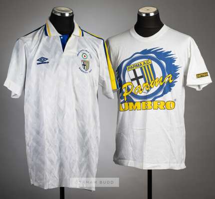 Lorenzo Minotti white Parma AC European Cup Winners' Cup Final no.4 jersey v Royal Antwerp played at Wembley, 12th May 1993,
 Umbro, short-sleeved wit