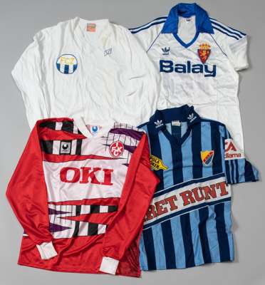 Four Continental Club match jerseys,
 comprising a red and multi patterned FC Kaiserslautern no.2 home jersey; a white and blue Real Zaragoza no.18 je
