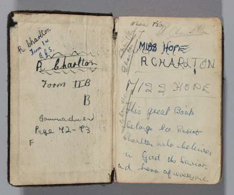 Bobby Charlton's childhood Holy Bible, 
 240-page, the leather bible with HOLY BIBLE in silver on spine, on the inner cover bearing R. CHARLTON in ink